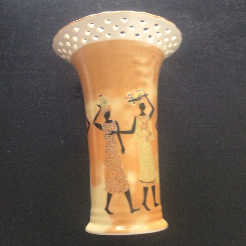 African Art Black, Tan and Cream Vase 9.5” Tall. No chips. Fluted.